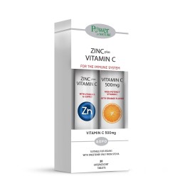 Power Health Promo 1+1 Δώρο Ψευδάργυρος με Βιταμίνη C Zinc Plus Vitamin C  20eff.tabs & Δώρο Βιταμίνη C Vitamin C 500mg  20eff.tabs Αναβράζοντα Δισκία