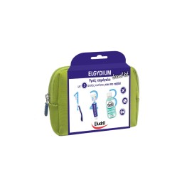 Elgydium Travel Kit με Οδοντόπαστα Elgydium Antiplaque 50ml, Οδοντόβουρτσα Ταξιδίου & Στοματικό Διάλυμα Eludril Sensitive 15ml σε Πράσινο Νεσεσέρ